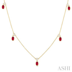5x3 MM Oval Shape Ruby and 1/8 Ctw Round Cut Diamonds Precious Station Necklace in 10K Yellow Gold