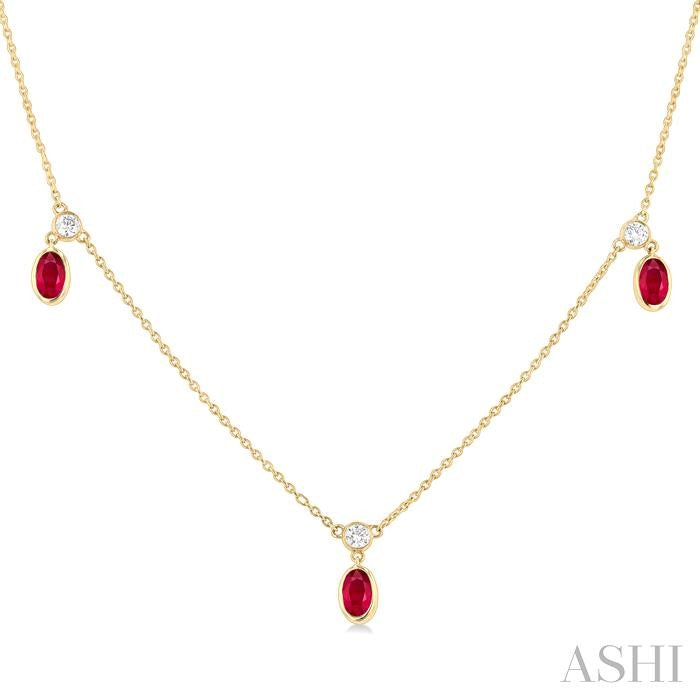 5x3 MM Oval Shape Ruby and 1/8 Ctw Round Cut Diamonds Precious Station Necklace in 10K Yellow Gold