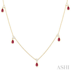 5x3 MM Pear Shape Ruby and 1/8 Ctw Round Cut Diamonds Precious Station Necklace in 10K Yellow Gold