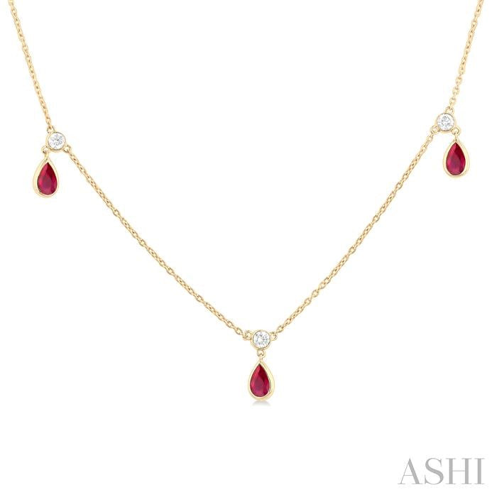 5x3 MM Pear Shape Ruby and 1/8 Ctw Round Cut Diamonds Precious Station Necklace in 10K Yellow Gold