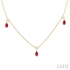 5x3 MM Pear Shape Ruby and 1/8 Ctw Round Cut Diamonds Precious Station Necklace in 10K Yellow Gold