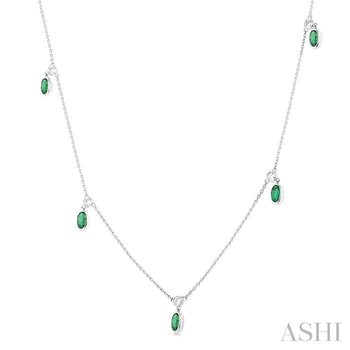 5x3 MM Oval Shape Emerald and 1/4 Ctw Round Cut Diamonds Precious Station Necklace in 14K White Gold