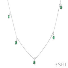 5x3 MM Oval Shape Emerald and 1/4 Ctw Round Cut Diamonds Precious Station Necklace in 14K White Gold