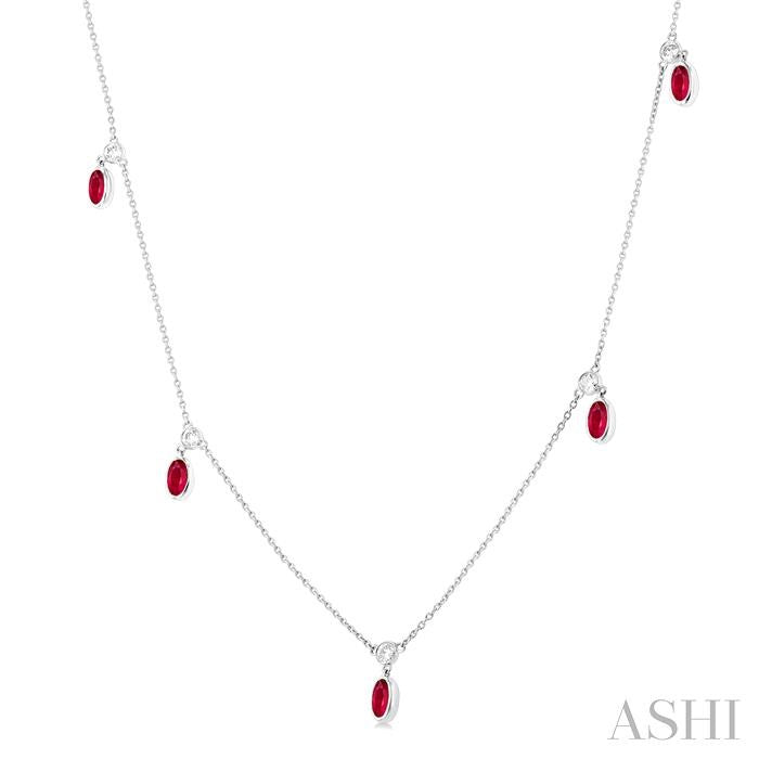 5x3 MM Oval Shape Ruby and 1/4 Ctw Round Cut Diamonds Precious Station Necklace in 14K White Gold