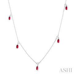 5x3 MM Oval Shape Ruby and 1/4 Ctw Round Cut Diamonds Precious Station Necklace in 14K White Gold