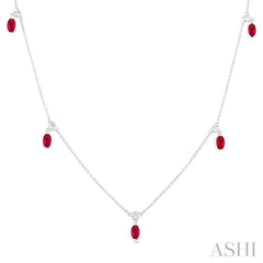 5x3 MM Oval Shape Ruby and 1/4 Ctw Round Cut Diamonds Precious Station Necklace in 14K White Gold