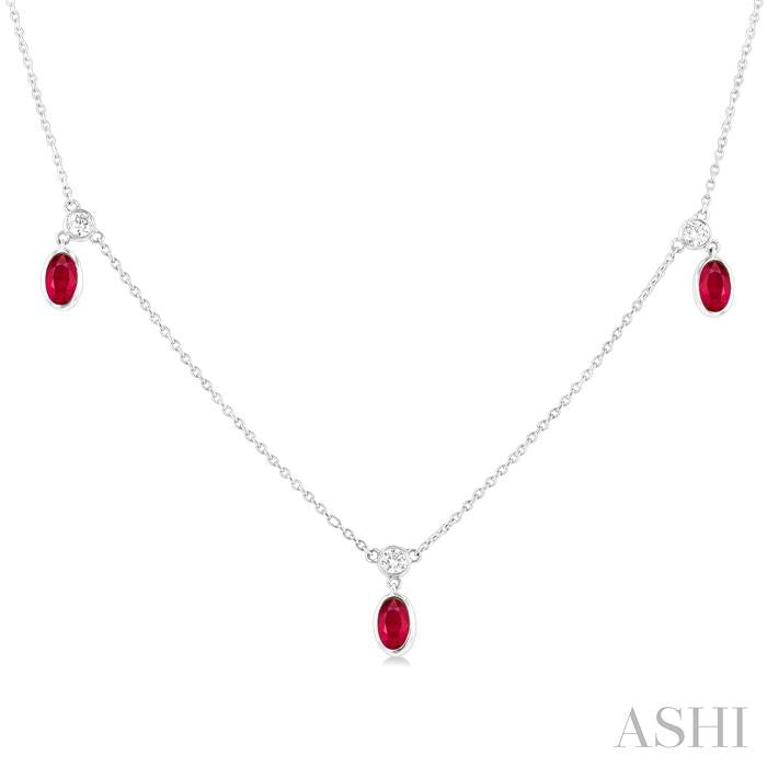 5x3 MM Oval Shape Ruby and 1/4 Ctw Round Cut Diamonds Precious Station Necklace in 14K White Gold