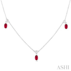 5x3 MM Oval Shape Ruby and 1/4 Ctw Round Cut Diamonds Precious Station Necklace in 14K White Gold