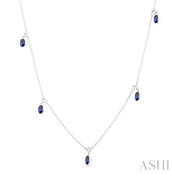 5x3 MM Oval Shape Sapphire and 1/4 Ctw Round Cut Diamonds Precious Station Necklace in 14K White Gold