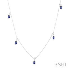 5x3 MM Oval Shape Sapphire and 1/4 Ctw Round Cut Diamonds Precious Station Necklace in 14K White Gold