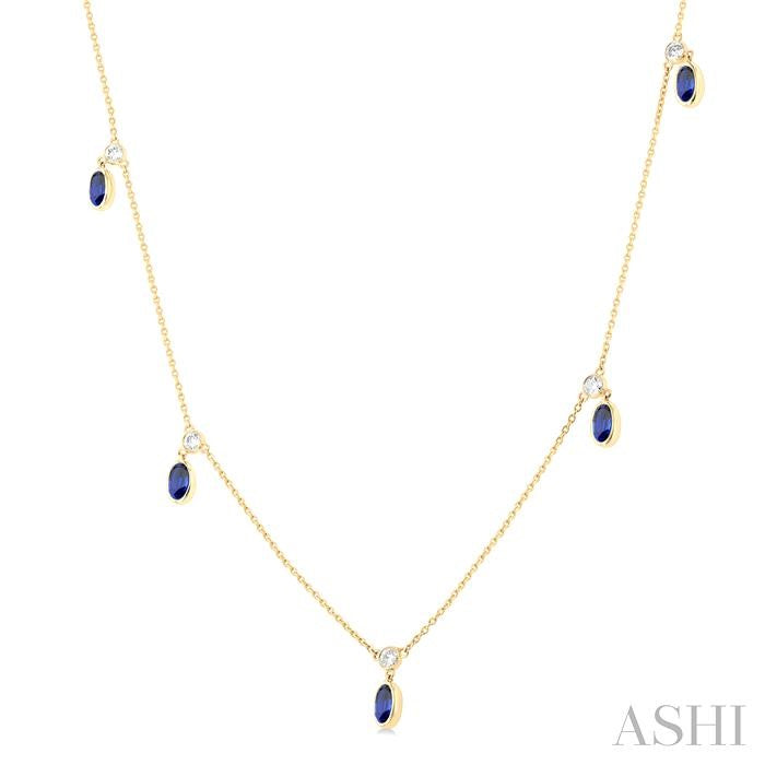 5x3 MM Oval Shape Sapphire and 1/4 Ctw Round Cut Diamonds Precious Station Necklace in 14K Yellow Gold