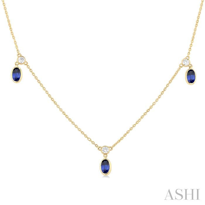 5x3 MM Oval Shape Sapphire and 1/4 Ctw Round Cut Diamonds Precious Station Necklace in 14K Yellow Gold