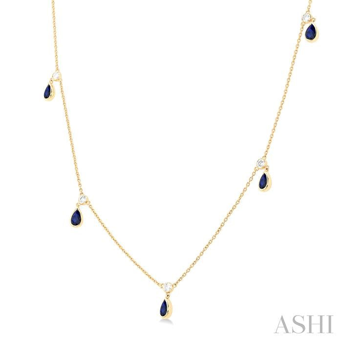 5x3 MM Pear Shape Sapphire and 1/4 Ctw Round Cut Diamonds Precious Station Necklace in 14K Yellow Gold