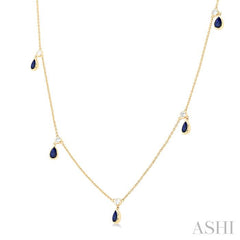 5x3 MM Pear Shape Sapphire and 1/4 Ctw Round Cut Diamonds Precious Station Necklace in 14K Yellow Gold