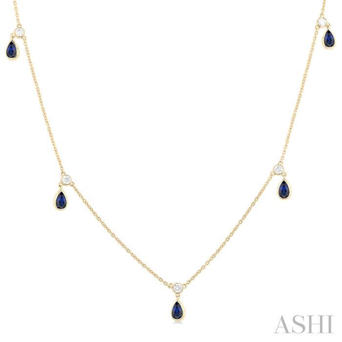 5x3 MM Pear Shape Sapphire and 1/4 Ctw Round Cut Diamonds Precious Station Necklace in 14K Yellow Gold