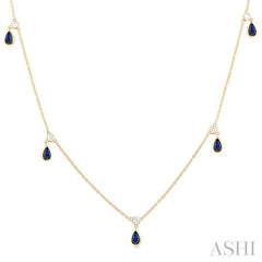 5x3 MM Pear Shape Sapphire and 1/4 Ctw Round Cut Diamonds Precious Station Necklace in 14K Yellow Gold