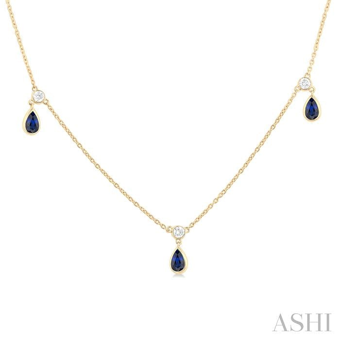 5x3 MM Pear Shape Sapphire and 1/4 Ctw Round Cut Diamonds Precious Station Necklace in 14K Yellow Gold