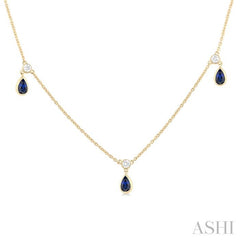 5x3 MM Pear Shape Sapphire and 1/4 Ctw Round Cut Diamonds Precious Station Necklace in 14K Yellow Gold
