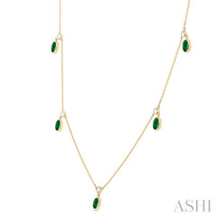 5x3 MM Oval Shape Emerald and 1/4 Ctw Round Cut Diamonds Precious Station Necklace in 10K Yellow Gold
