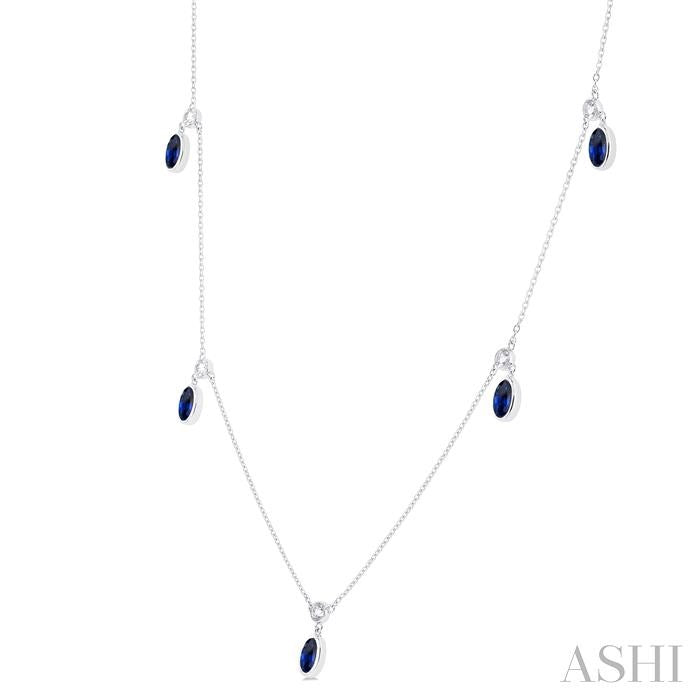 5x3 MM Oval Shape Sapphire and 1/4 Ctw Round Cut Diamonds Precious Station Necklace in 10K White Gold