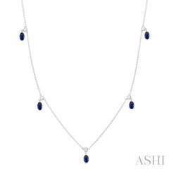 5x3 MM Oval Shape Sapphire and 1/4 Ctw Round Cut Diamonds Precious Station Necklace in 10K White Gold
