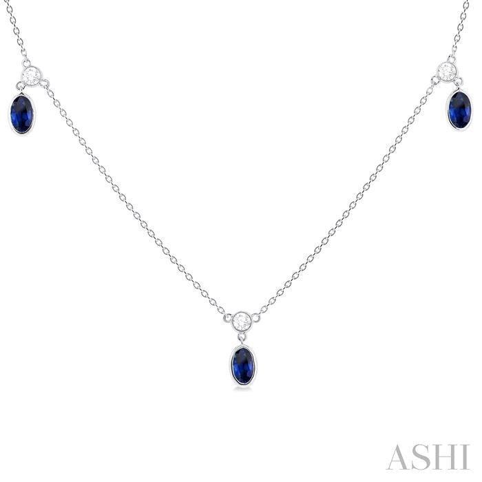 5x3 MM Oval Shape Sapphire and 1/4 Ctw Round Cut Diamonds Precious Station Necklace in 10K White Gold