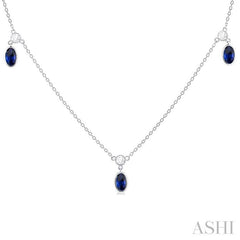 5x3 MM Oval Shape Sapphire and 1/4 Ctw Round Cut Diamonds Precious Station Necklace in 10K White Gold