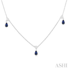 5x3 MM Pear Shape Sapphire and 1/4 Ctw Round Cut Diamonds Precious Station Necklace in 10K White Gold