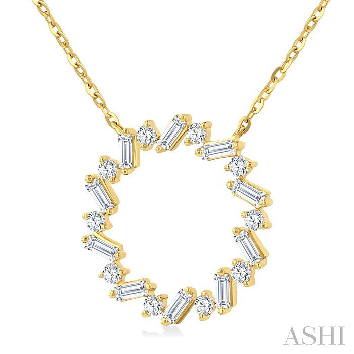 3/8 Ctw Circle Baguette and Round Cut Diamond Scatter Pendant With Chain in 10K Yellow Gold