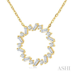 3/8 Ctw Circle Baguette and Round Cut Diamond Scatter Pendant With Chain in 10K Yellow Gold