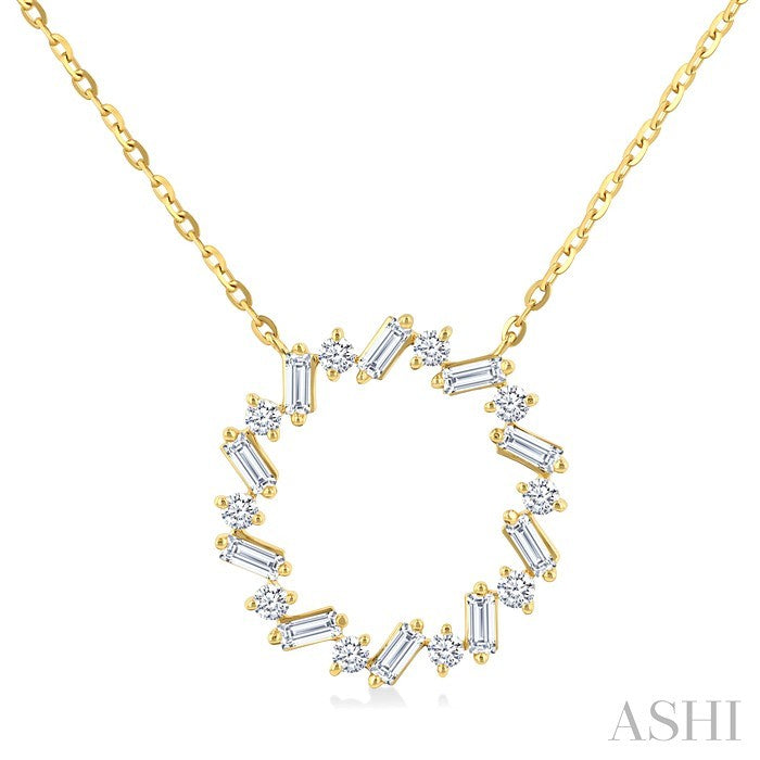 3/8 Ctw Circle Baguette and Round Cut Diamond Scatter Pendant With Chain in 10K Yellow Gold