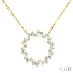 3/8 Ctw Circle Baguette and Round Cut Diamond Scatter Pendant With Chain in 10K Yellow Gold