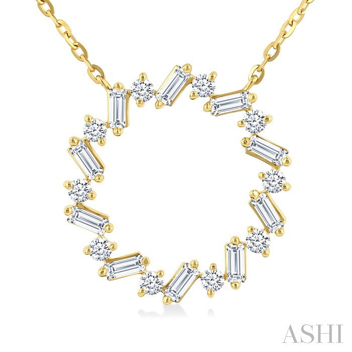 3/8 Ctw Circle Baguette and Round Cut Diamond Scatter Pendant With Chain in 10K Yellow Gold