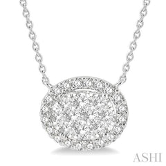 3/4 Ctw Oval Shape Round Cut Diamond Lovebright Pendant With Chain in 14K White Gold