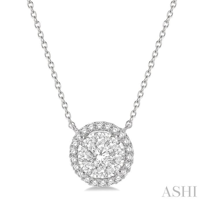 3/4 Ctw Circular Round Cut Diamond Lovebright Pendant With Chain in 14K White Gold