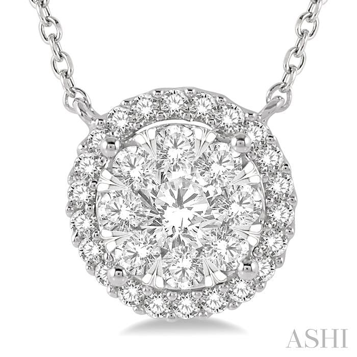 3/4 Ctw Circular Round Cut Diamond Lovebright Pendant With Chain in 14K White Gold