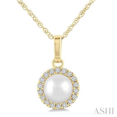 5 MM White Cultured Pearl and 1/20 Ctw Round Cut Diamond Halo Pendant With Chain in 10K Yellow Gold