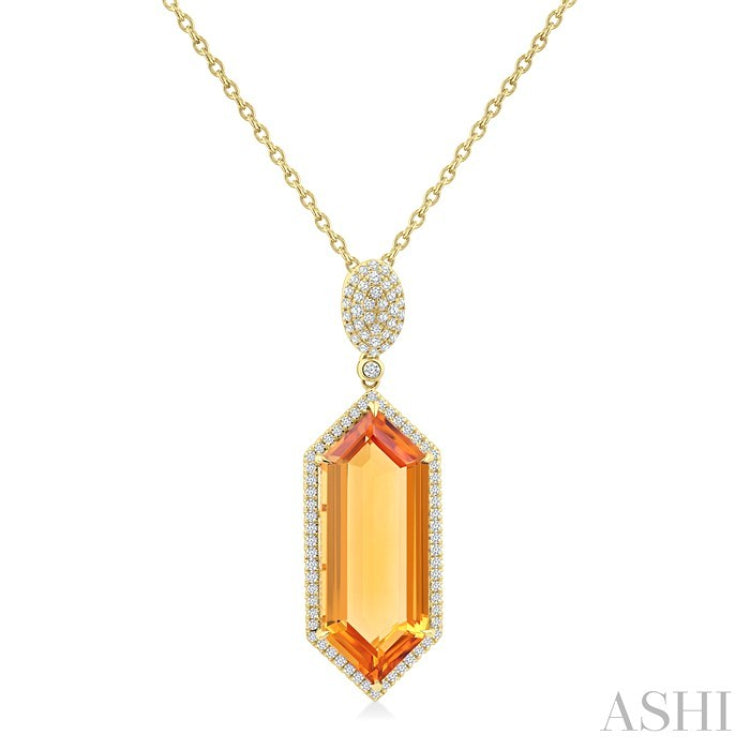 26x10 MM Hexagon Shape Citrine and 1/2 Ctw Round Cut Diamond Halo Semi-Precious Pendant With Chain in 14K Yellow Gold