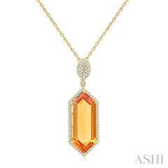 26x10 MM Hexagon Shape Citrine and 1/2 Ctw Round Cut Diamond Halo Semi-Precious Pendant With Chain in 14K Yellow Gold