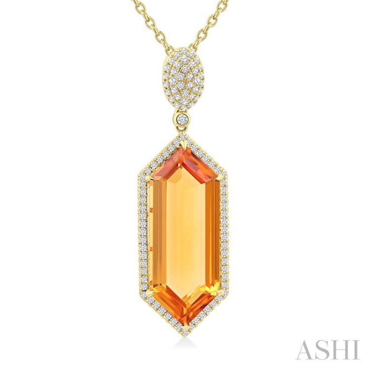 26x10 MM Hexagon Shape Citrine and 1/2 Ctw Round Cut Diamond Halo Semi-Precious Pendant With Chain in 14K Yellow Gold