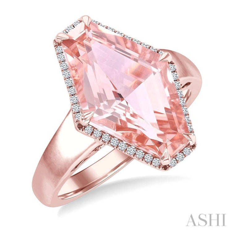 16x10 MM Hexagon Shape Morganite and 1/10 Ctw Round Cut Diamond Halo Semi-Precious Ring in 14K Rose Gold