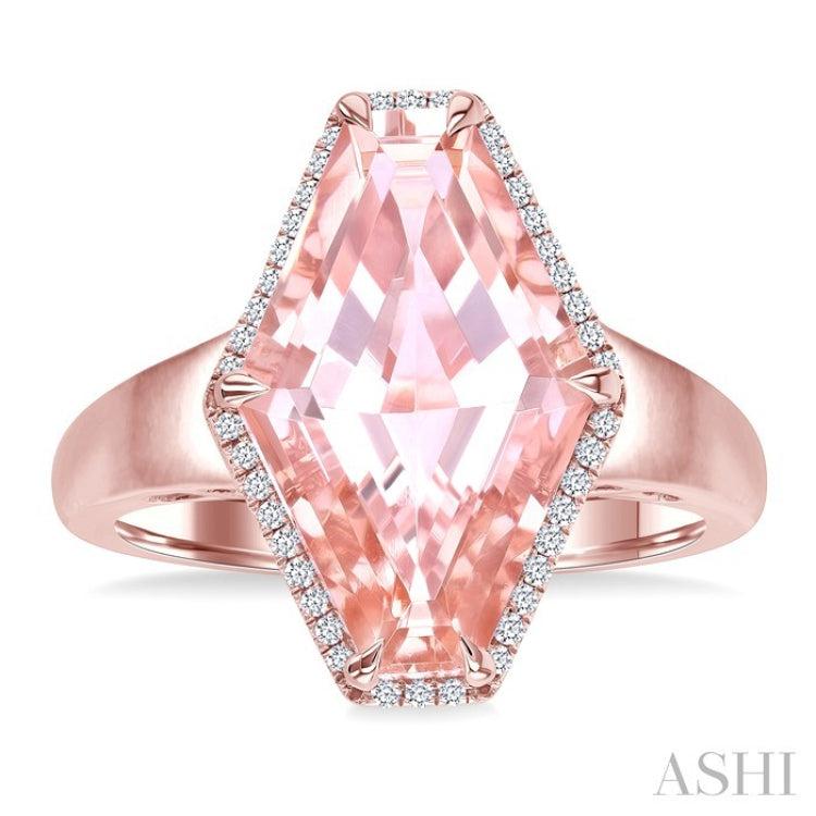 16x10 MM Hexagon Shape Morganite and 1/10 Ctw Round Cut Diamond Halo Semi-Precious Ring in 14K Rose Gold