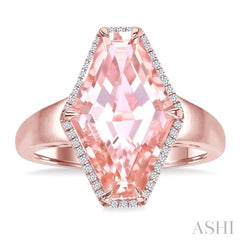 16x10 MM Hexagon Shape Morganite and 1/10 Ctw Round Cut Diamond Halo Semi-Precious Ring in 14K Rose Gold