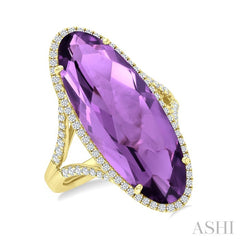 26x10 MM Oval Cut Amethyst and 1/2 Ctw Round Cut Diamond Halo Semi-Precious Ring in 14K Yellow Gold