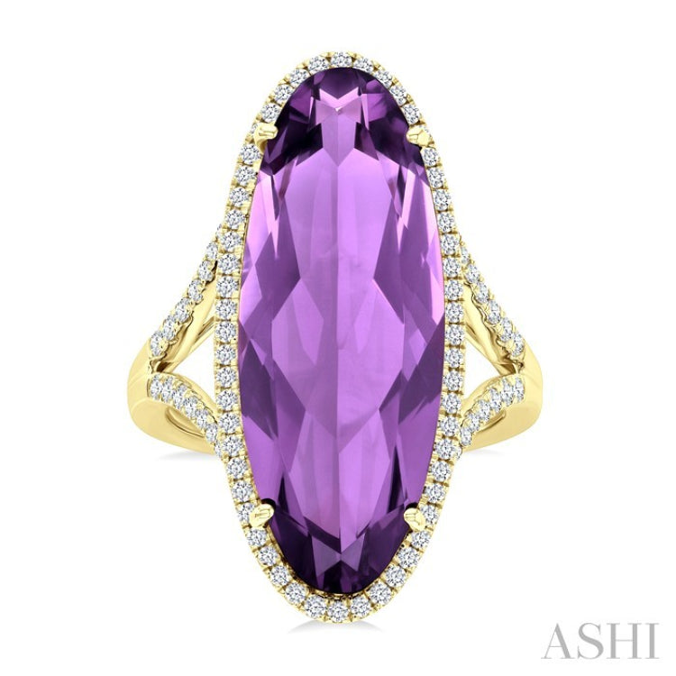 26x10 MM Oval Cut Amethyst and 1/2 Ctw Round Cut Diamond Halo Semi-Precious Ring in 14K Yellow Gold