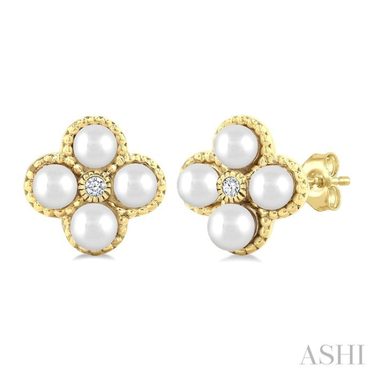 3 MM Clover Cultured Pearl and 1/50 Ctw Round Cut Diamond Fashion Earrings in 10K Yellow Gold
