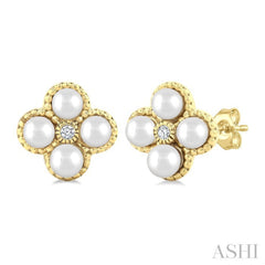 3 MM Clover Cultured Pearl and 1/50 Ctw Round Cut Diamond Fashion Earrings in 10K Yellow Gold