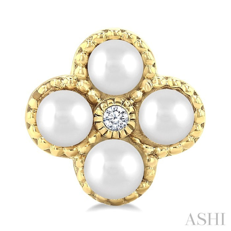 3 MM Clover Cultured Pearl and 1/50 Ctw Round Cut Diamond Fashion Earrings in 10K Yellow Gold