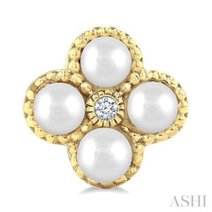3 MM Clover Cultured Pearl and 1/50 Ctw Round Cut Diamond Fashion Earrings in 10K Yellow Gold