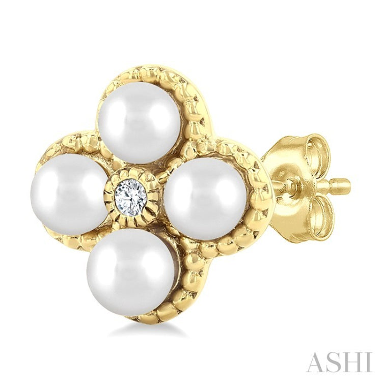 3 MM Clover Cultured Pearl and 1/50 Ctw Round Cut Diamond Fashion Earrings in 10K Yellow Gold